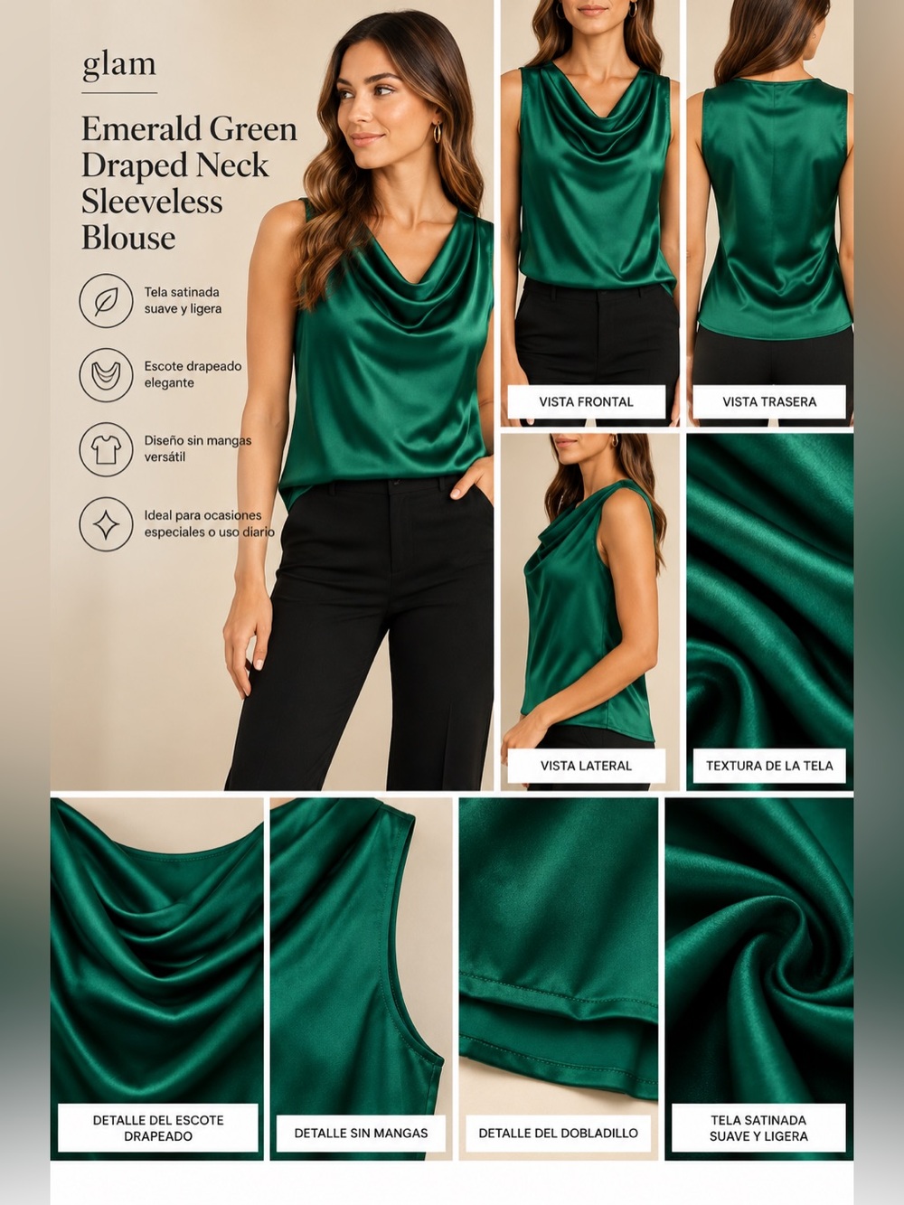glam Emerald Green Draped Neck Sleeveless Blouse